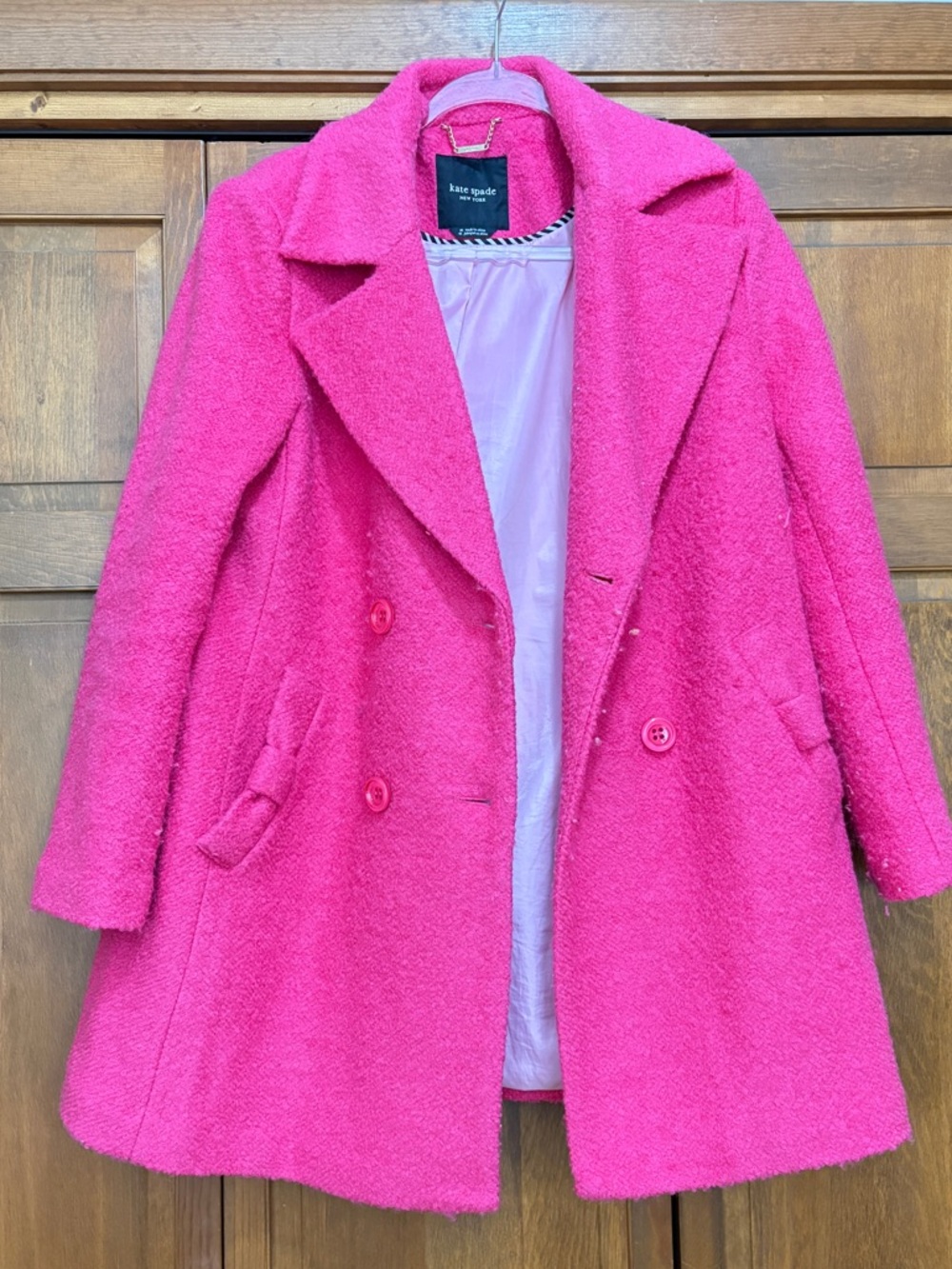Kate Spade Pink Wool Blend Bouclé Coat | Double Breasted Peacoat | M